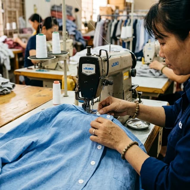 Thợ gia công đóng nút sắt cẩn thận tại xưởng may TP.HCM